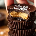 Close-up of no-bake protein peanut butter cup with creamy peanut butter filling