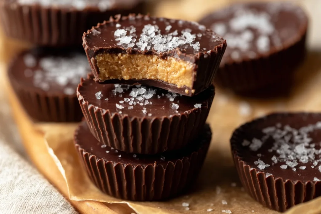 Stack of bitten no-bake protein peanut butter cups topped with sea salt flakes