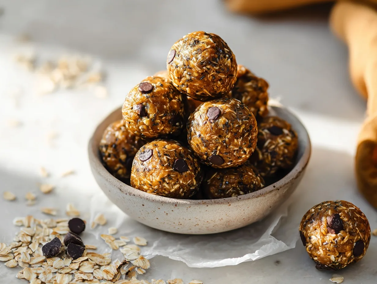Pumpkin Protein Balls (No-Bake, High-Protein Snack for Fall) 5 Pumpkin protein balls in a bowl with oats and chocolate chips