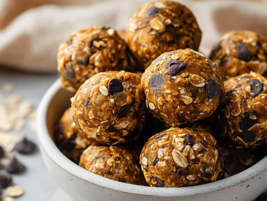 Close-up of pumpkin protein balls with oats and chocolate chips