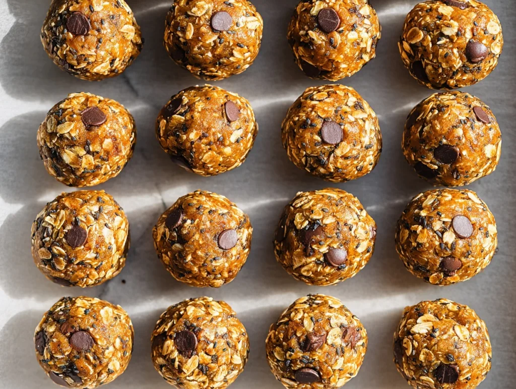 Top view of pumpkin protein balls arranged in rows on parchment paper