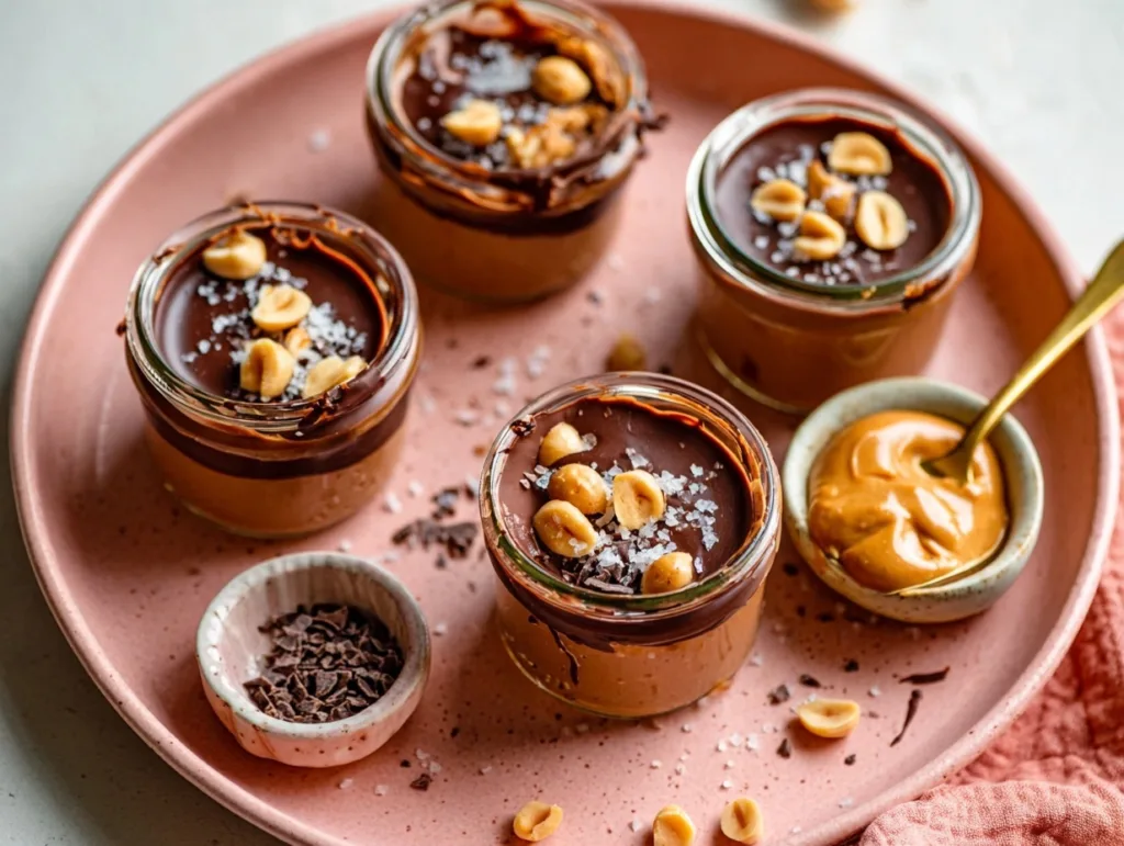 Peanut Butter Cup Protein Pudding (Easy + Healthy) 7 jars of peanut butter cup protein pudding topped with chocolate ganache and peanuts on a tray