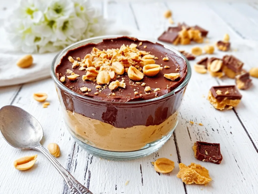 Peanut Butter Cup Protein Pudding (Easy + Healthy) 5 peanut butter cup protein pudding topped with chocolate layer and peanuts in a glass bowl