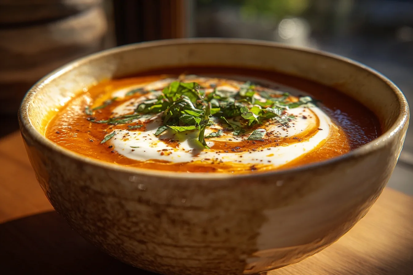 Creamy high-protein tomato soup with basil and cream swirl in sunlight