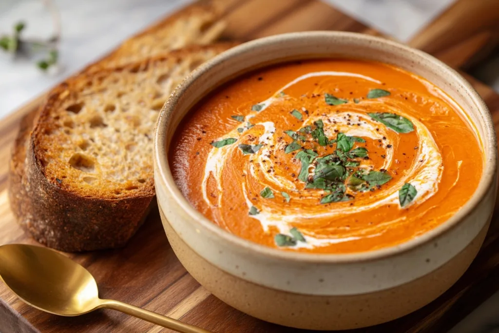 High-Protein Tomato Soup (20g Protein Per Serving) 9 Creamy high-protein tomato soup with basil and toast on wooden board