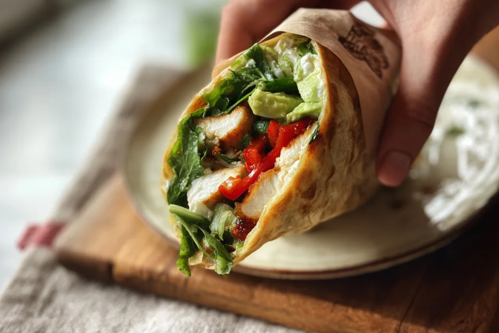 2-Ingredient Cottage Cheese Wraps (High-Protein, No Egg!) 9 Hand holding a high-protein cottage cheese wrap with chicken and vegetables