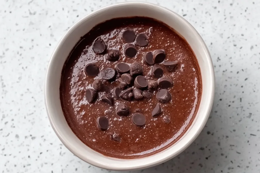 2-Ingredient Protein Mug Cake (Ready in 1 Minute!) 7 chocolate protein mug cake batter topped with chocolate chips