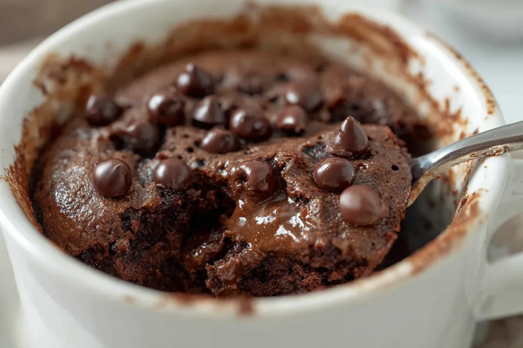 2-Ingredient Protein Mug Cake (Ready in 1 Minute!) 8 gooey chocolate protein mug cake with melted chips and spoon in white ramekin