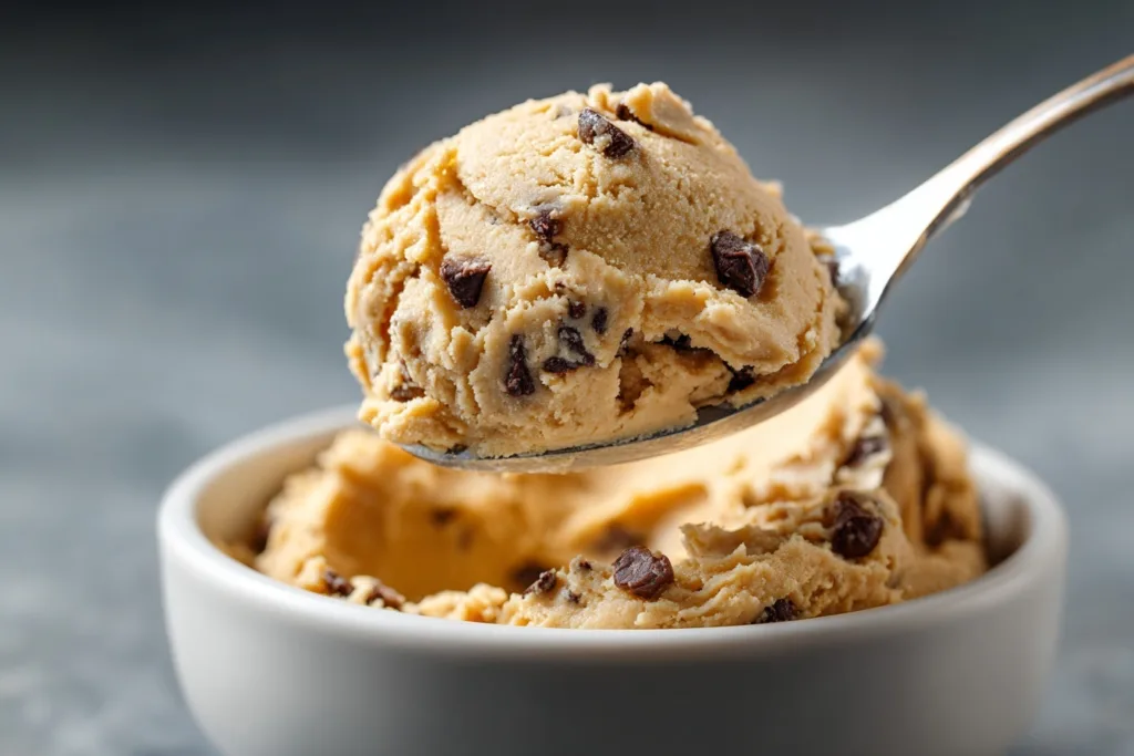 2-Ingredient Almond Chickpea Cookie Dough (High-Protein & No Bake) 7 spoon scooping almond chickpea cookie dough with chocolate chips