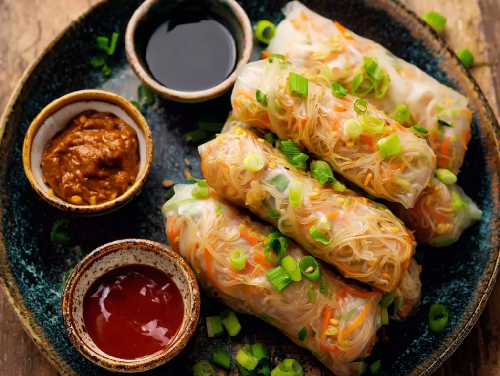 High-Protein Spicy Noodle Rice Paper Rolls (No Fry, Big Flavor) 7 spicy noodle rice paper rolls with three dipping sauces and green onions
