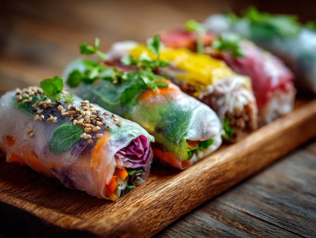 colorful vegetarian rice paper rolls with vermicelli noodles and sesame seeds on wooden board