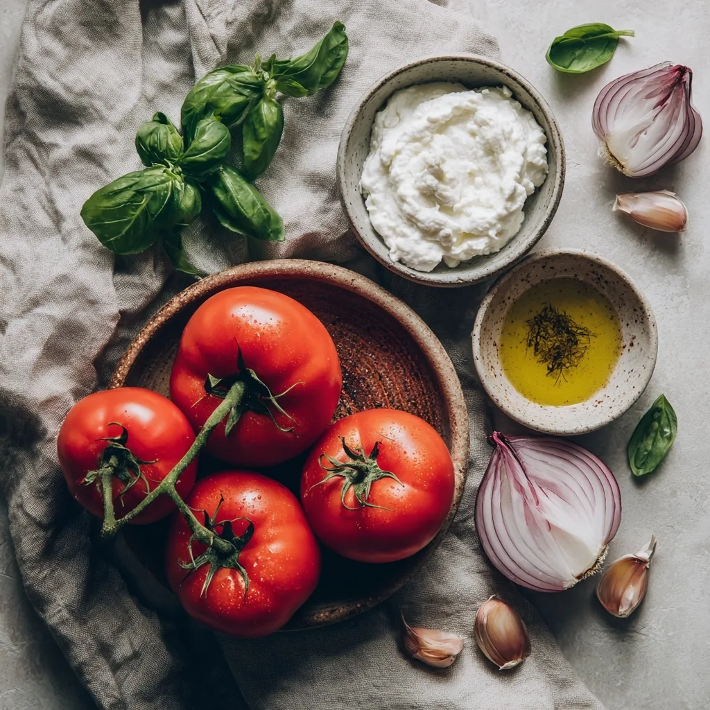 High-Protein Tomato Soup (20g Protein Per Serving) 7 Flat lay of fresh ingredients for high-protein tomato soup