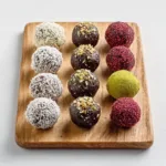 assorted high-protein brownie balls with coconut, nuts, matcha, and raspberry toppings on wooden board
