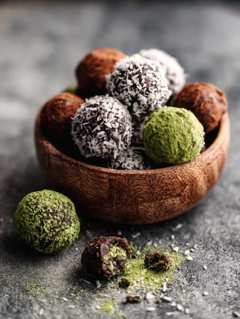 High-Protein Brownie Balls — No-Bake, Low Sugar 7 assorted high-protein brownie balls with coconut, matcha, and cocoa coatings in wooden bowl
