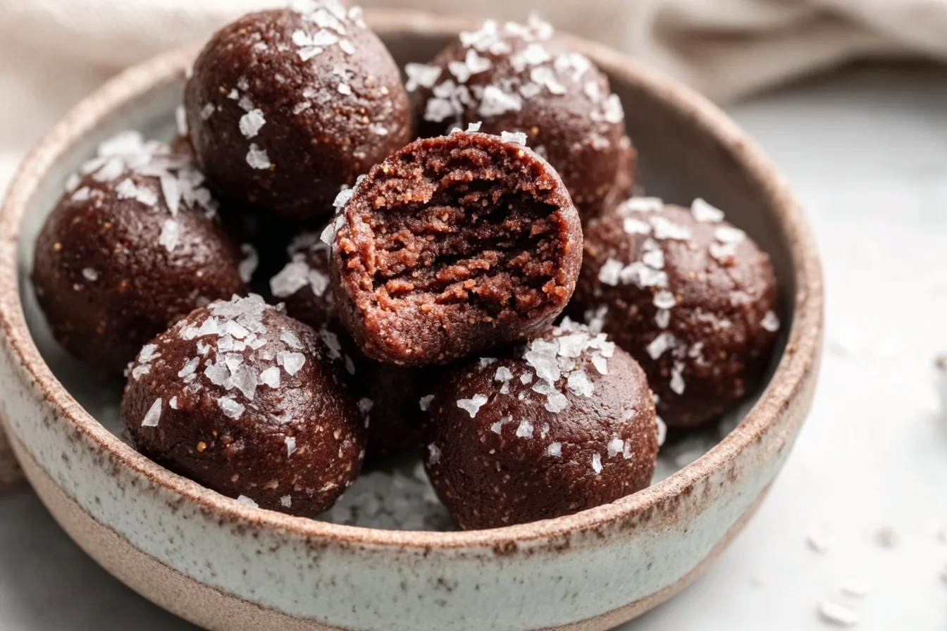 Salted Chocolate Protein Balls Recipe 7 Salted chocolate protein balls recipe with sea salt topping