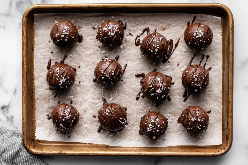 Salted Chocolate Protein Balls Recipe 11 Salted chocolate protein balls coated in dark chocolate on baking tray
