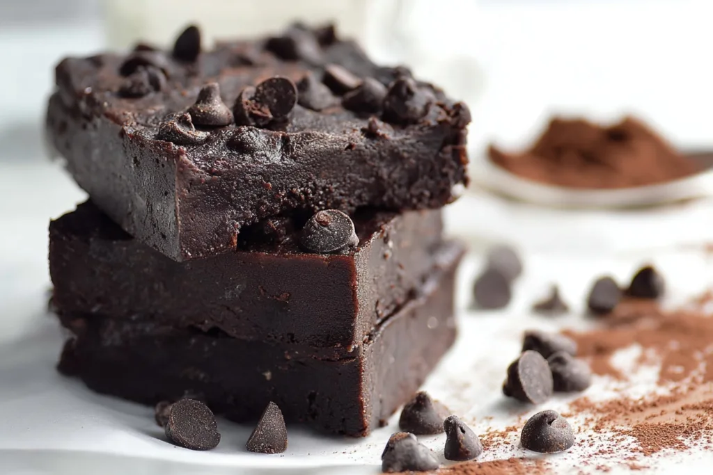 2-Ingredient Black Bean Protein Bars (No Bake, High Protein Snack) 5 stacked chocolate black bean protein bars with chocolate chips