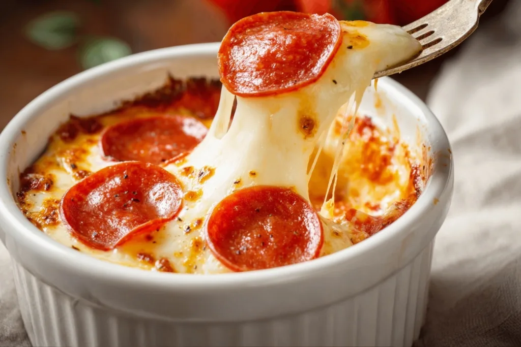 2-Ingredient Cottage Cheese Pizza Bowl (High-Protein, 5-Minute Lunch!) 12 fork lifting melted cheese from cottage cheese pizza bowl with pepperoni
