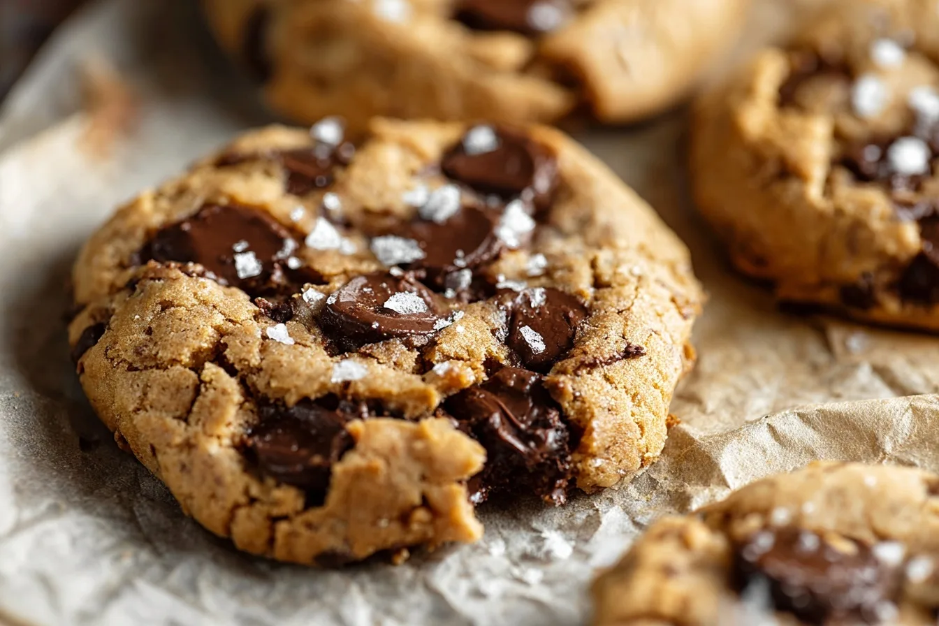 close-up of garbanzo bean chocolate chip cookie with melted chocolate and sea salt