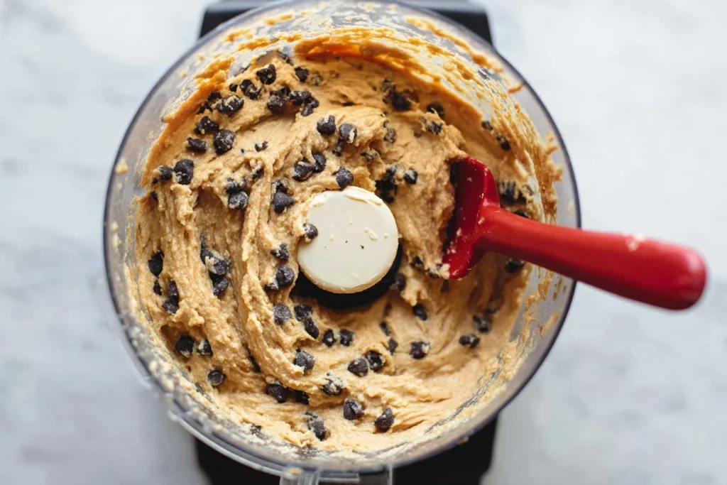 Flourless Garbanzo Bean Chocolate Chip Cookies (High-Protein & Guilt-Free!) 10 food processor with blended garbanzo bean chocolate chip cookie dough and spatula