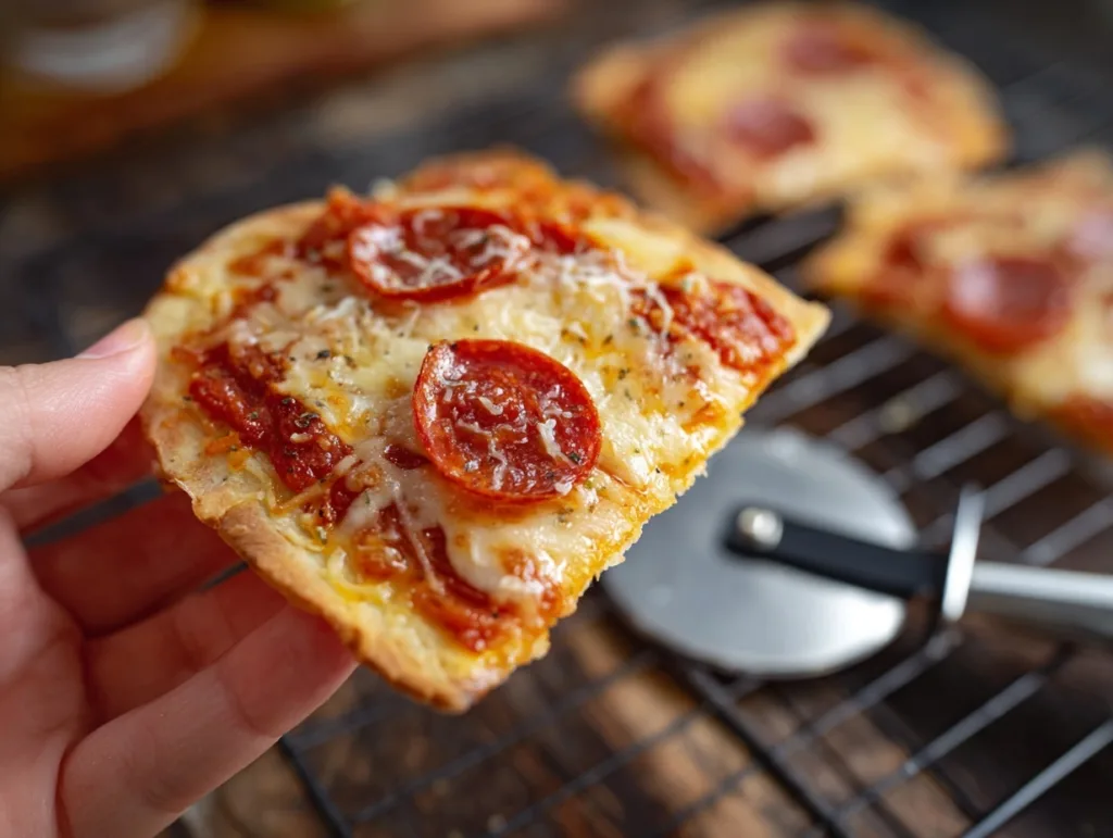 hand holding simple cottage cheese flatbread air fryer pizza slice with melted cheese