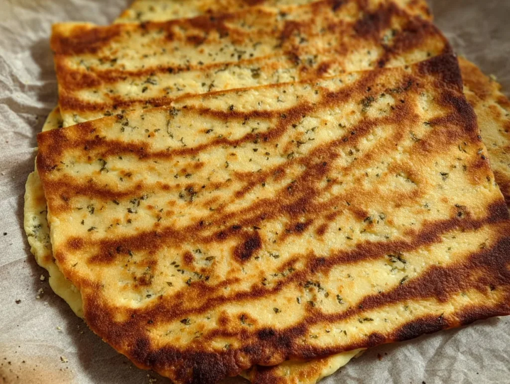 golden simple cottage cheese flatbread air fryer with herbs on parchment
