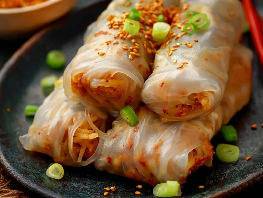 High-Protein Spicy Noodle Rice Paper Rolls (No Fry, Big Flavor) 8 close-up of spicy noodle rice paper rolls with sesame and green onions