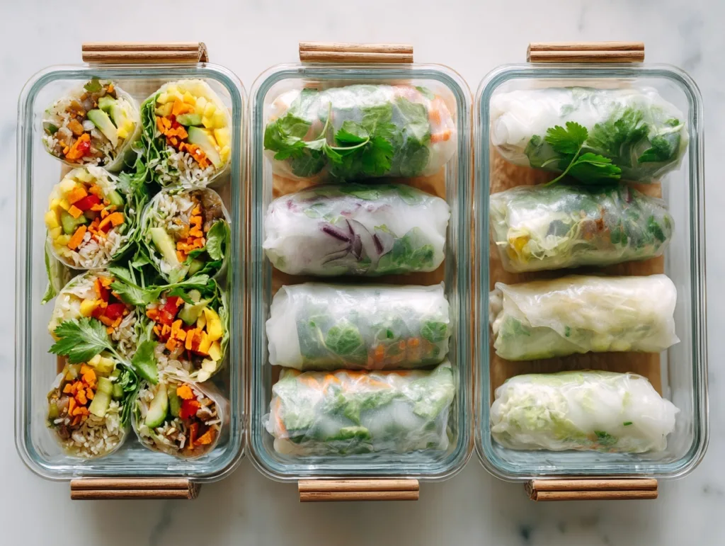 vegetarian rice paper rolls with vermicelli noodles in glass meal prep containers