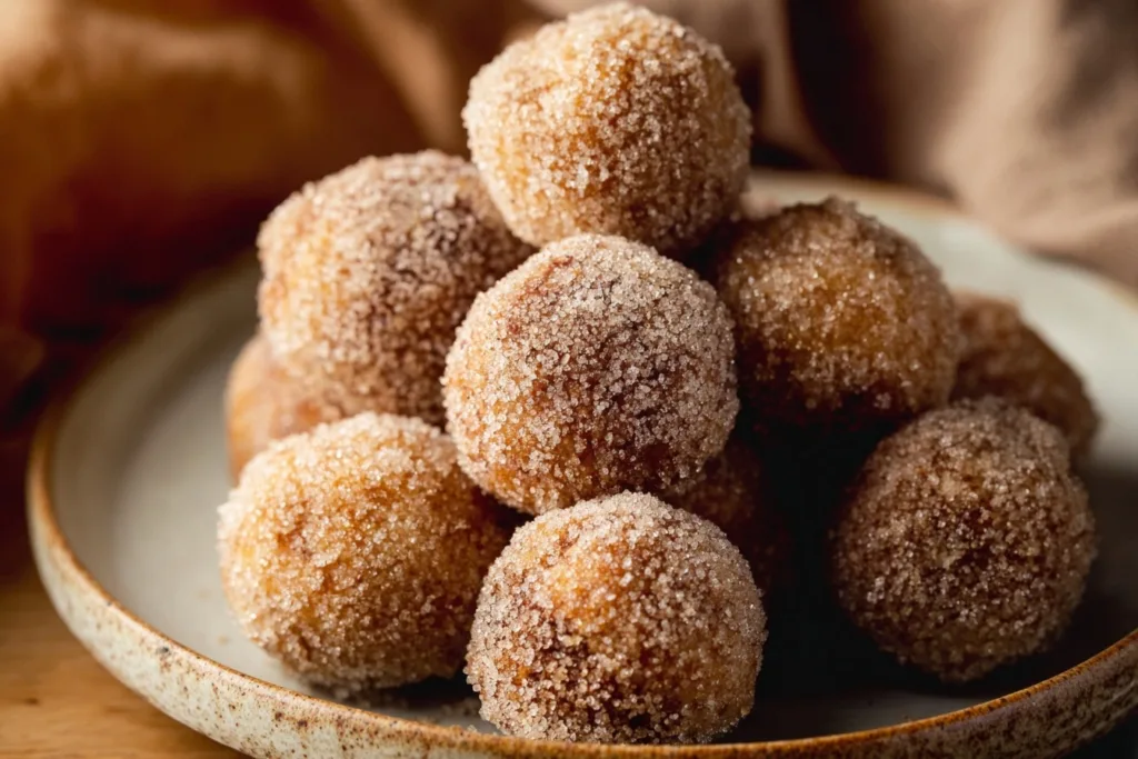 Crispy Protein Donut Holes Air Fryer – Just 3 Ingredients 10 Close-up of golden protein donut holes air fryer coated in cinnamon sugar