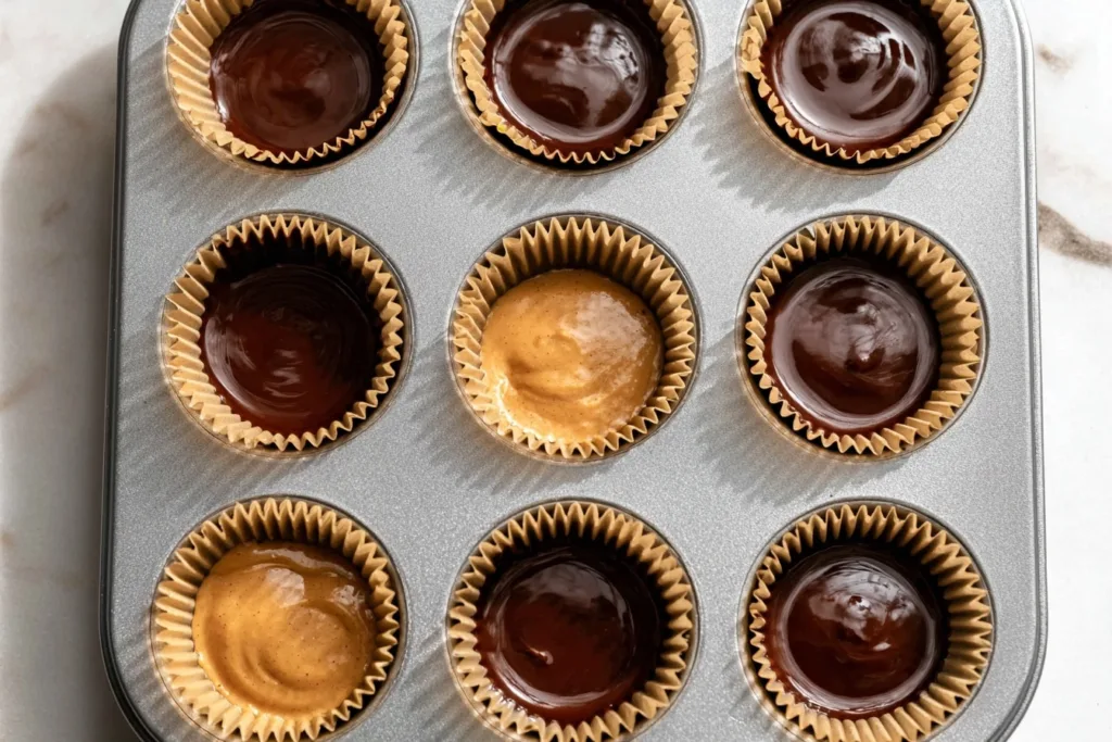 Step-by-step process of making no-bake protein peanut butter cups in muffin tray