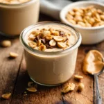 peanut butter cup protein pudding in a glass jar topped with roasted peanuts