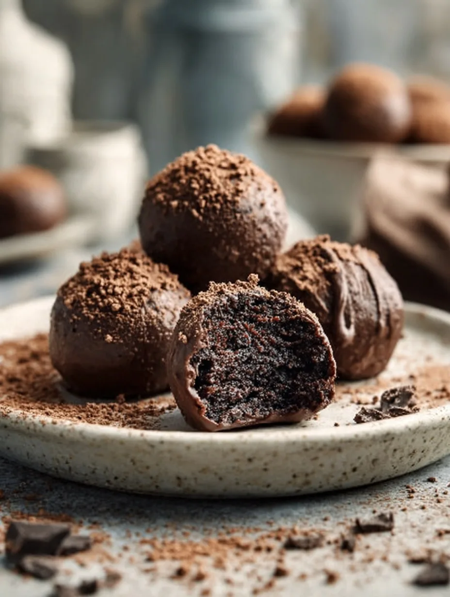 close-up of high-protein brownie balls with one bitten, showing rich fudgy center