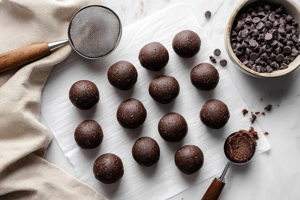 Salted Chocolate Protein Balls Recipe 10 Rolled salted chocolate protein balls on parchment paper