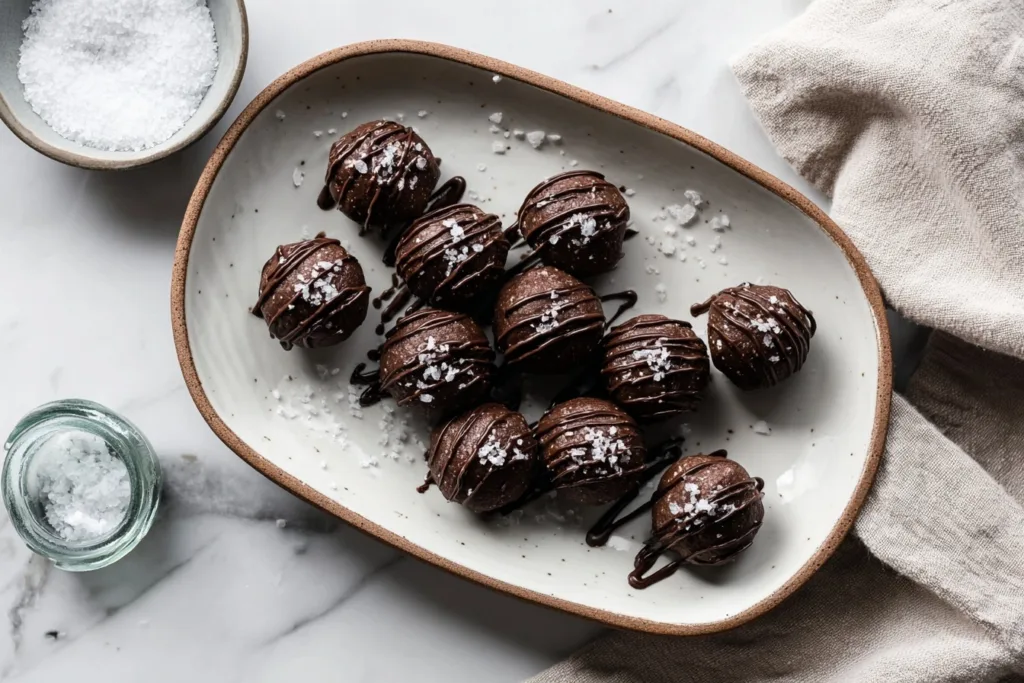 Salted Chocolate Protein Balls Recipe 12 Salted chocolate protein balls arranged on ceramic plate