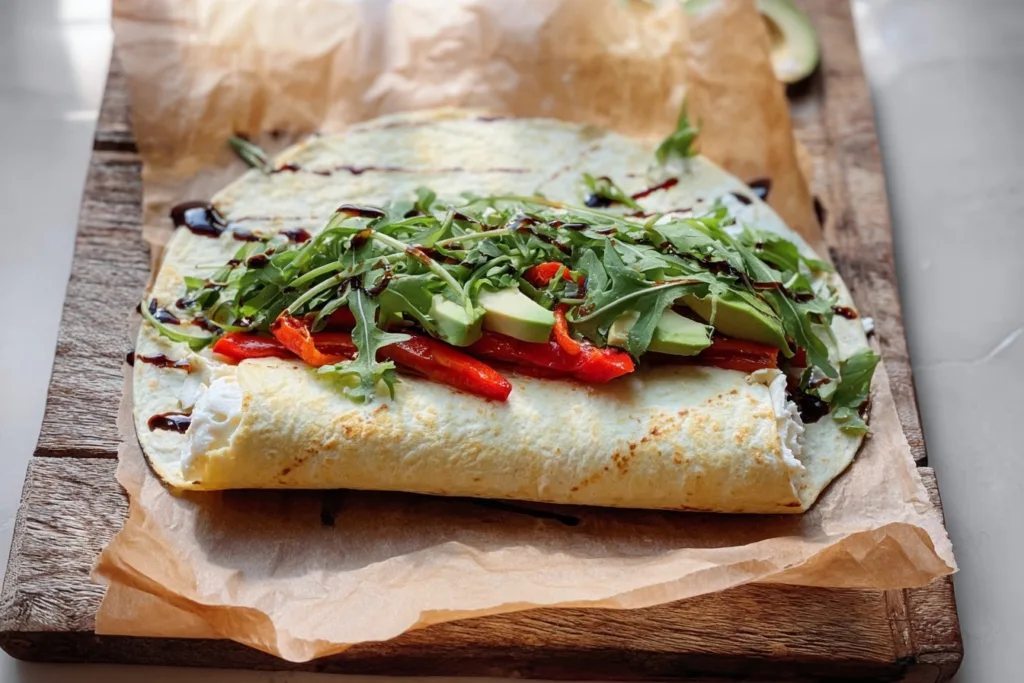 2-Ingredient Cottage Cheese Wraps (High-Protein, No Egg!) 8 Open cottage cheese wrap with arugula, avocado, and roasted red peppers
