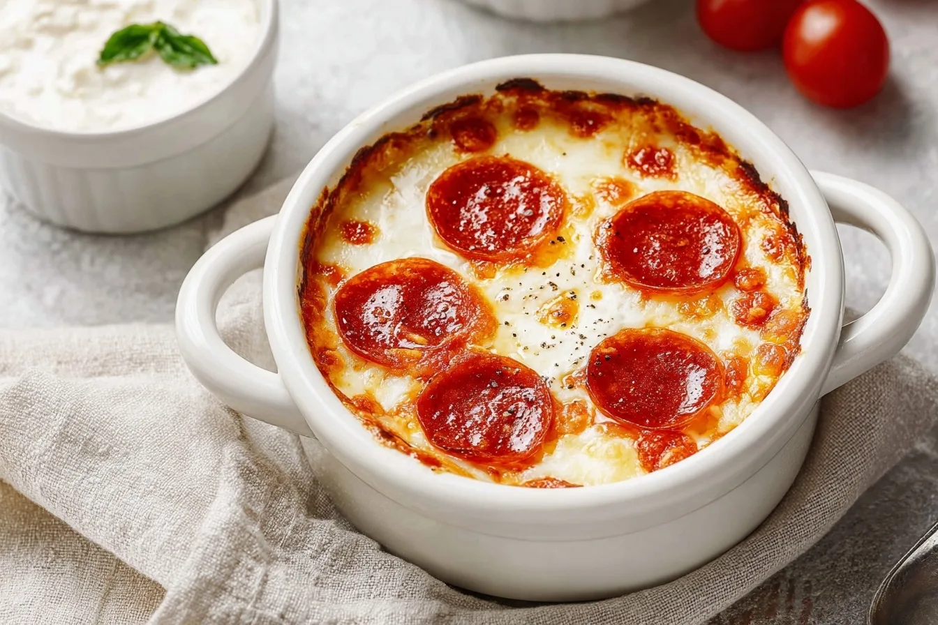 2-Ingredient Cottage Cheese Pizza Bowl (High-Protein, 5-Minute Lunch!) 8 cottage cheese pizza bowl with melted cheese and pepperoni in a white ramekin