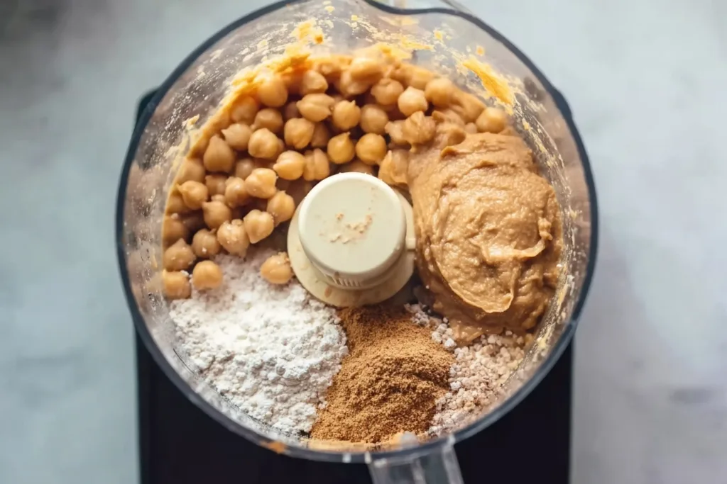 Flourless Garbanzo Bean Chocolate Chip Cookies (High-Protein & Guilt-Free!) 9 ingredients for garbanzo bean cookie dough in a food processor before blending
