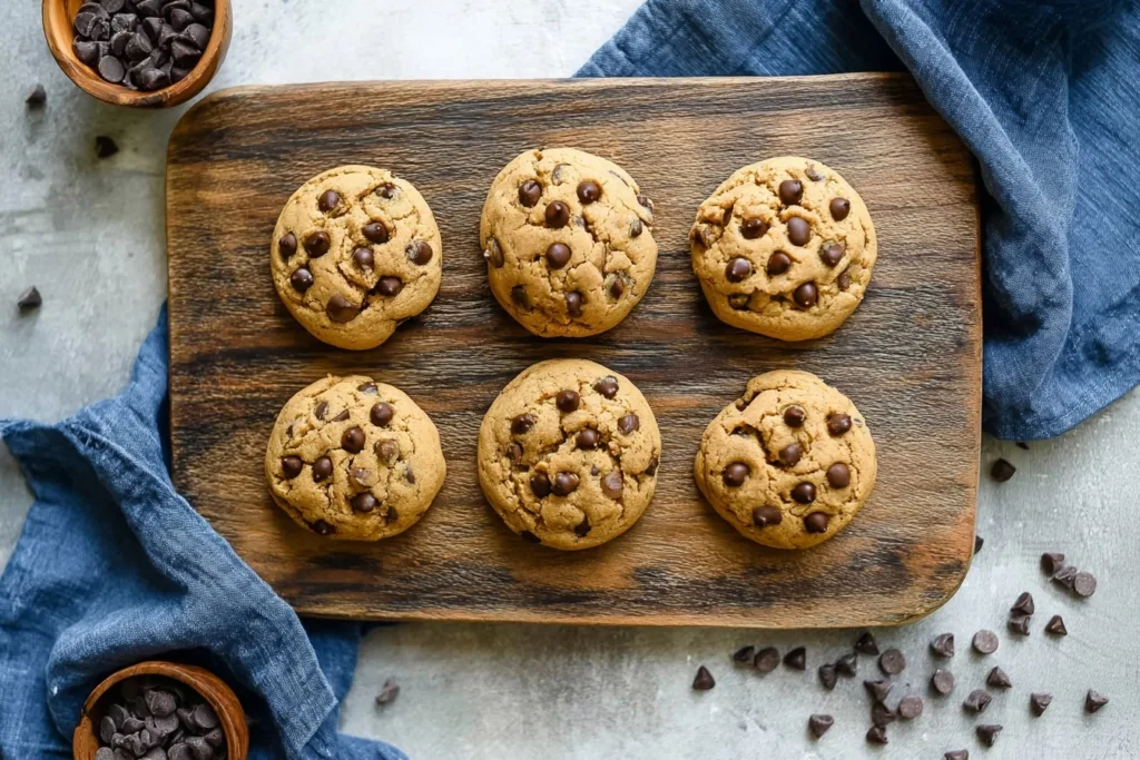 Flourless Garbanzo Bean Chocolate Chip Cookies (High-Protein & Guilt-Free!) 13 six garbanzo bean chocolate chip cookies on a wooden board with chocolate chips around