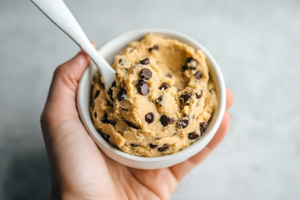 2-Ingredient Almond Chickpea Cookie Dough (High-Protein & No Bake) 8 hand holding bowl of almond chickpea cookie dough with chocolate chips