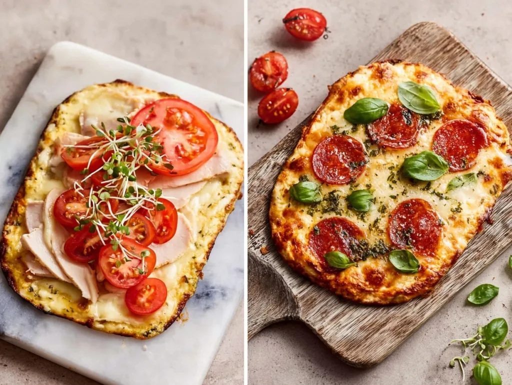 two simple cottage cheese flatbread air fryer pizzas with fresh toppings