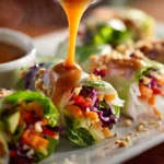 High-Protein Spicy Noodle Rice Paper Rolls (No Fry, Big Flavor) 10 close-up of spicy noodle rice paper rolls with peanut sauce drizzle