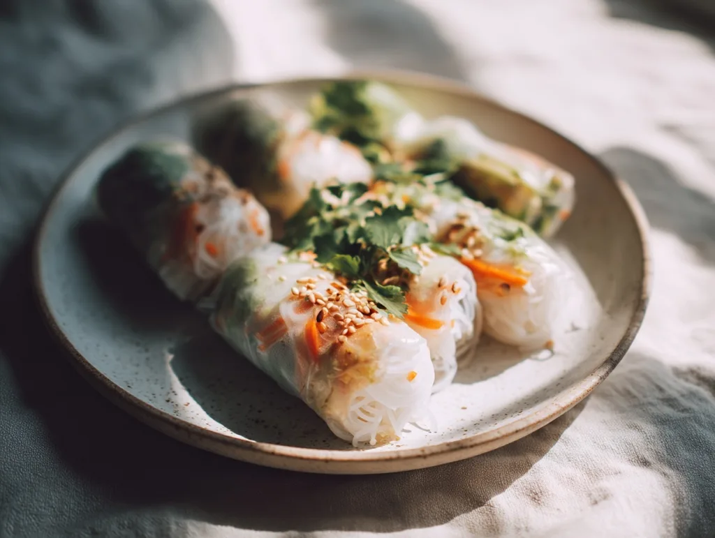 vegetarian rice paper rolls with vermicelli noodles topped with sesame seeds and cilantro