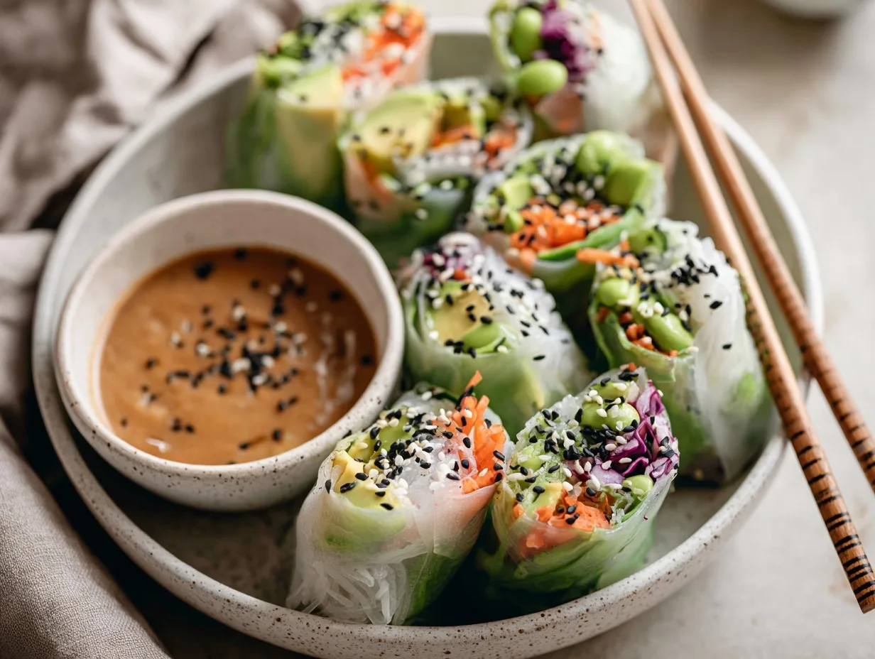 vegetarian rice paper rolls with vermicelli noodles and peanut sauce topped with sesame seeds