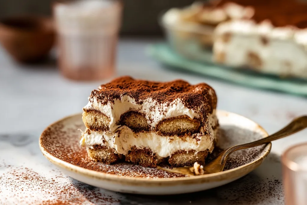 close-up of high protein tiramisu slice with cocoa powder on plate