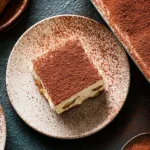 top view of high protein tiramisu slice dusted with cocoa powder