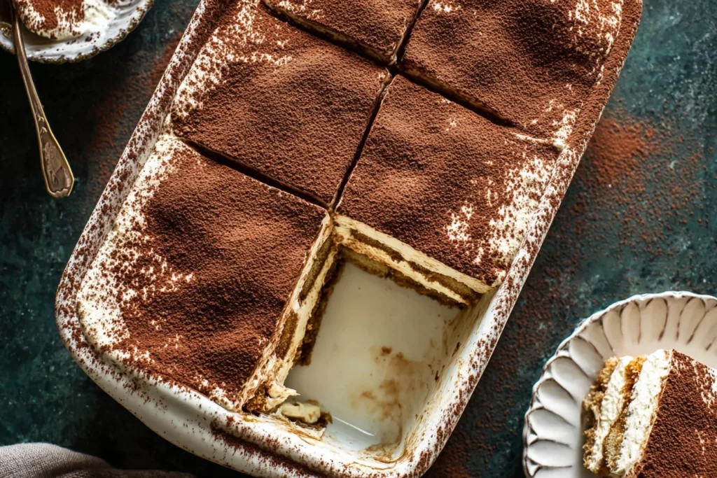 high protein tiramisu in baking dish with one slice removed