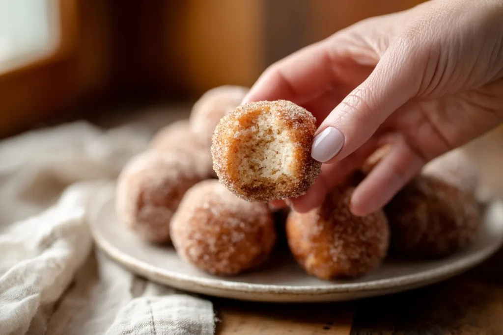 Crispy Protein Donut Holes Air Fryer – Just 3 Ingredients 8 Hand holding bitten protein donut hole air fryer showing soft fluffy center