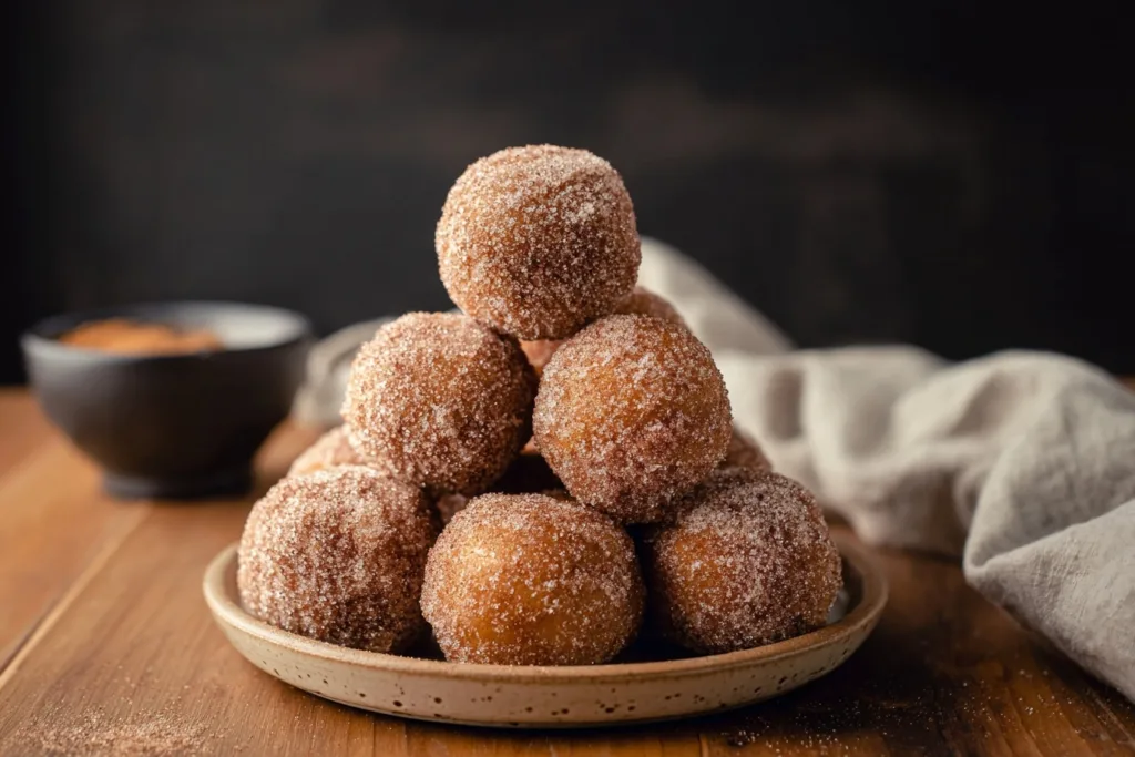 Stack of cinnamon sugar protein donut holes air fryer on a ceramic plate