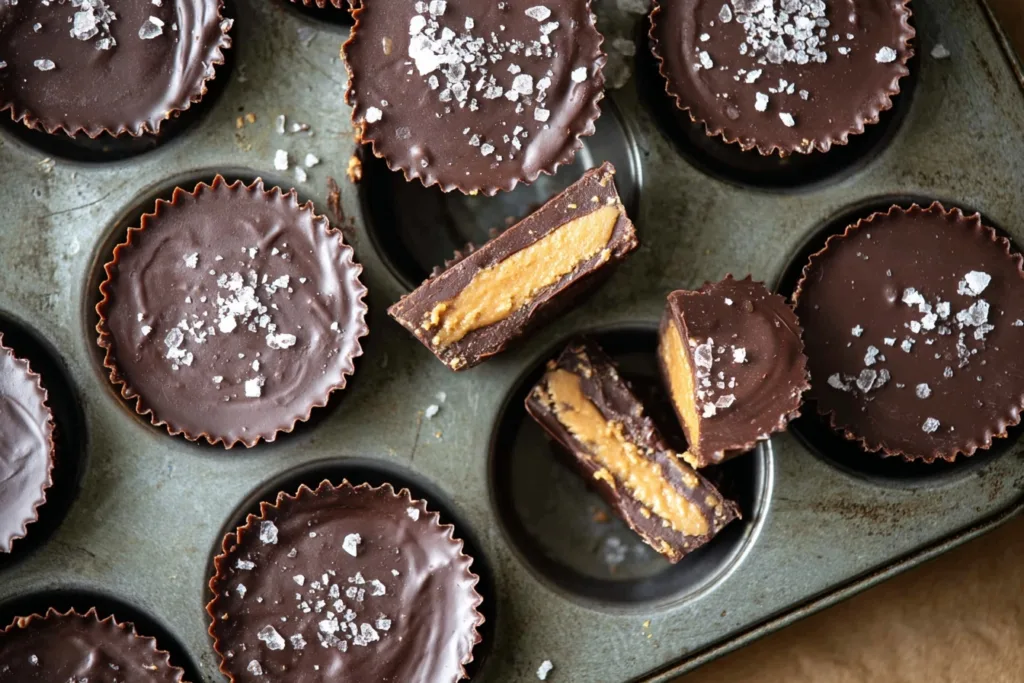 Overhead view of no-bake protein peanut butter cups with one cut open in muffin tray