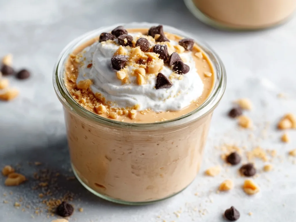 Peanut Butter Cup Protein Pudding (Easy + Healthy) 6 peanut butter cup protein pudding in a glass jar with whipped cream, peanuts, and chocolate chips